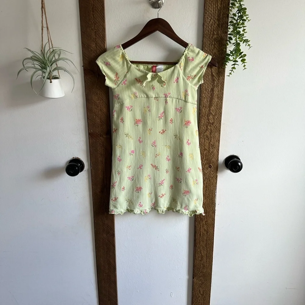 Vintage Gymboree Girl’s Peasant Front Floral Green Dress Pink Accents Size 6